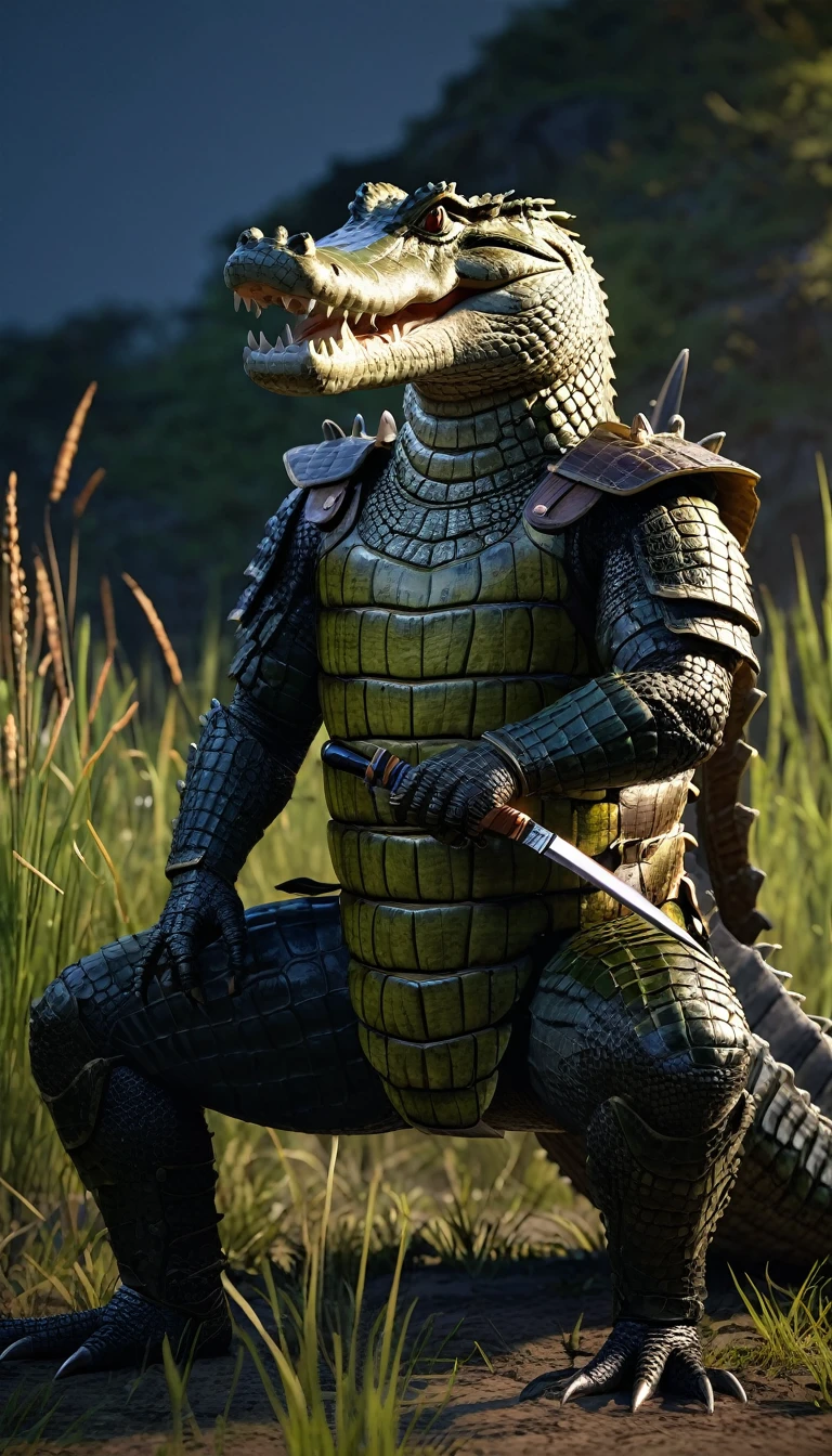 masterpiece, (Super detailed), (Animal anthropomorphism), crocodile, good looking, Japanese Armor,knife、 Dim lighting, cigarette, Shadow, Night grassland battlefield, Highest quality, Single Focus, (skimming: 1.1), Muscular man, whole body, Complex (High detail: 1.1) Unreal Engine.multiple、