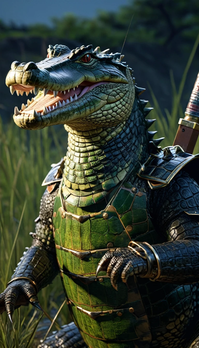 masterpiece, (Super detailed), (Animal anthropomorphism), crocodile, good looking, Japanese Armor,knife、 Dim lighting, cigarette, Shadow, Night grassland battlefield, Highest quality, Single Focus, (skimming: 1.1), Muscular man, whole body, Complex (High detail: 1.1) Unreal Engine.multiple、