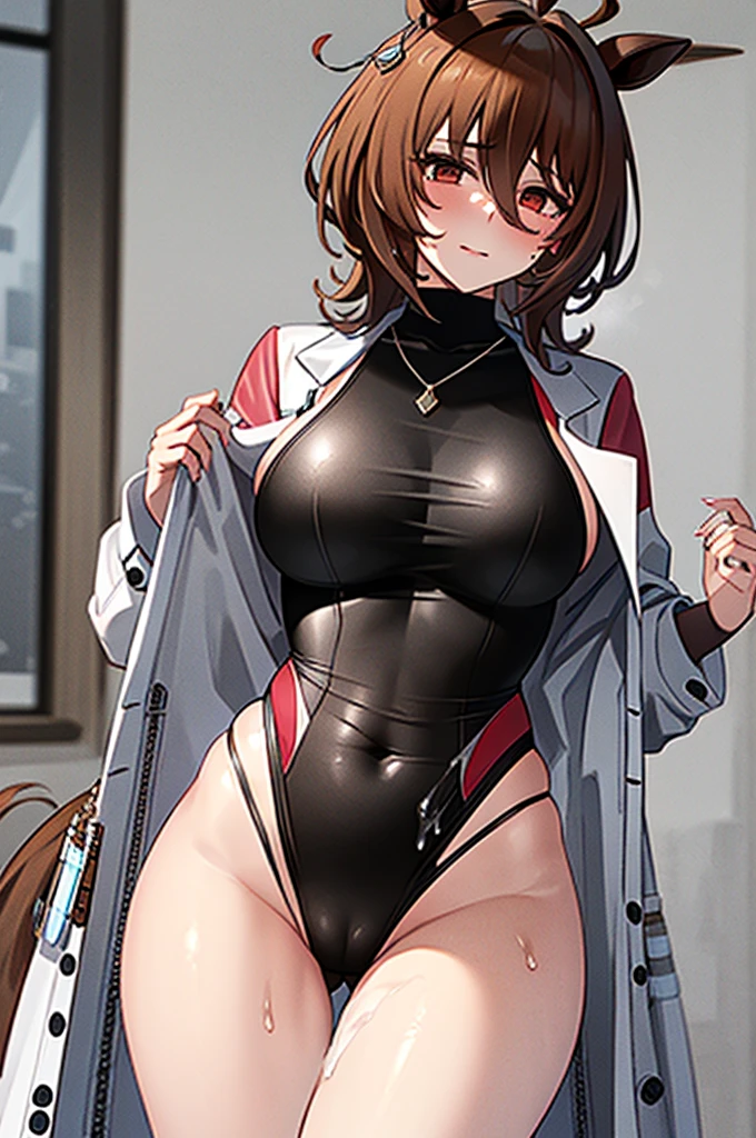 gray banded ribby one piece swimsuit with side cutout, 1girl, solo, jewelry, necklace, one-piece swimsuit, swimsuit, Swimsuit with wide open chest, head out of frame, brown hair, Wide pelvis, scrawny:1.7, Big breasts, Large breasts, Erect nipples, Vagina line, Cameltoe, swimsuit, beautiful face, Full body standing, (Semen overflowing from the cleavage), (((A large amount of semen attached to the whole body))), ((Take off Labcoat)), ((Undressing labcoat), Get blush, stooped posture, Bewitching look, bewitching face,
