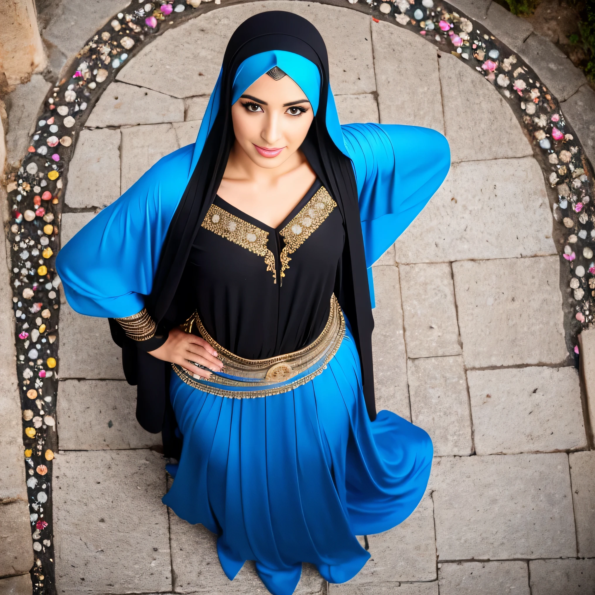 in colorful futurisic kaftan hoodie,( top view: 1.4), (full of the body: 1.4), RAW UHD portrait photo of a 24-year-old blonde,smiling  (blue-eyed woman), angelic face, goddess beauty, large breasts, (skirt),arabic face , behind her is Alexander Nevsky Temple in Sofia, Bulgaria, (neckline), details (textures! , hair! , glitter, color!! , disadvantages: 1.1), glossy eyes with high detail (looking at the camera), SLR lighting, SLR camera, ultra-quality, sharpness, depth of field, film grain (center), Fujifilm XT3, crystal clear, frame center, beautiful face, sharp focus, bokeh (dimly lit), day, detailed skin pores, oily skin, sunburn, complex eye details, full body, arabic descendant, statuesque figure, intricate black hijab and abaya
