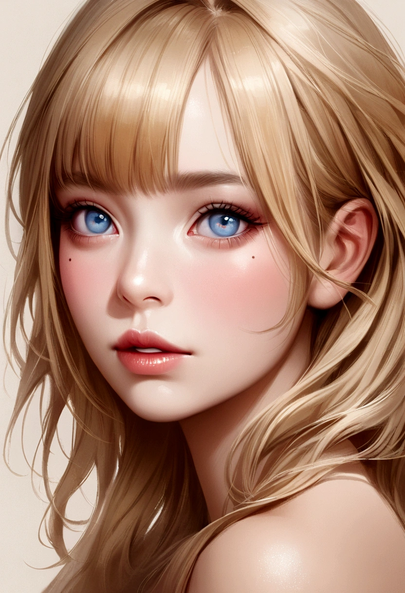 One girl, bangs, blue eyes, blonde hair, pink blush around the eyes: 1.5, gray background, jewelry, lips, mole, parted lips, front view, realistic, simple background, solo