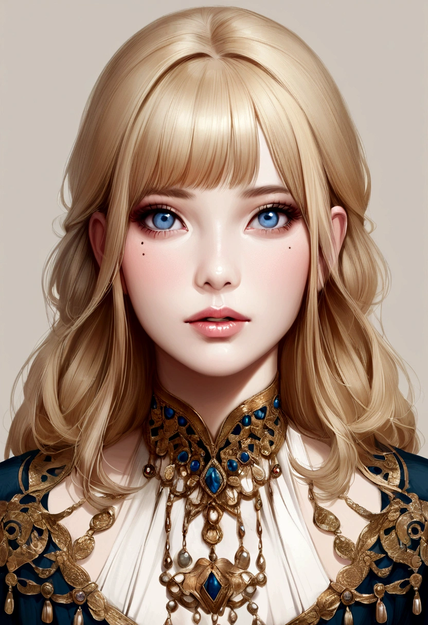 One girl, bangs, blue eyes, blonde hair, pink blush around the eyes: 1.5, gray background, jewelry, lips, mole, parted lips, front view, realistic, simple background, solo