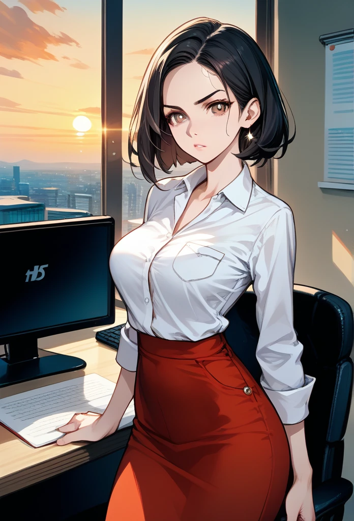 masterpiece, best quality, sunset, cowboy shot,  woman, bob hairstyle, black hair, mature hot face, sharp eyes, medium breasts, cur, hazel eyes, business clothes, looking at viewer, very close to viewer, face to face, tough appearance, in the office
 ((looking serious), 