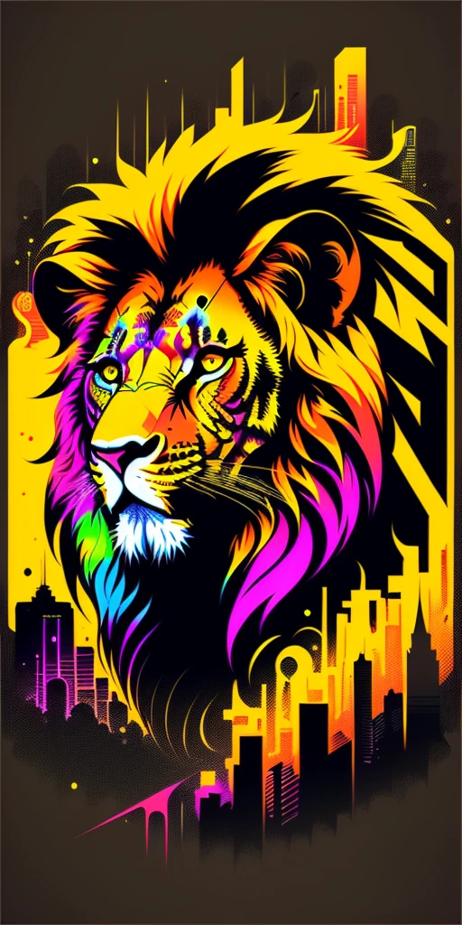 Ready to print t shirt art vector colorful graffiti illustration, lion, futuristic cyberpunk city background, realistic image style, image on black background, centred
