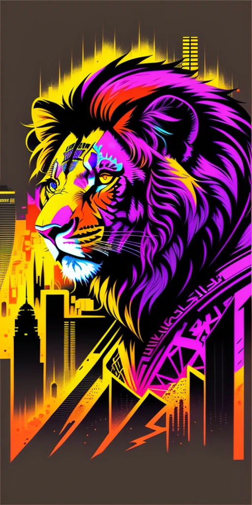 Ready to print t shirt art vector colorful graffiti illustration, lion, futuristic cyberpunk city background, realistic image style, image on black background, centred