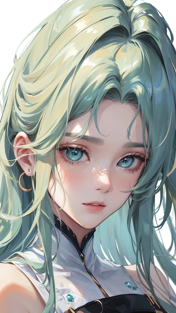 (Top resolution、Distinct_image)top-quality、femele、​masterpiece、highly detailed、Semi-realistic、green eyes、18year old、young、Exquisite facial features、Facial features、unique hairstyle, variations, potrait, white background,   dark blue hair , long straight hairstyles , light blonde hair ,cold expression