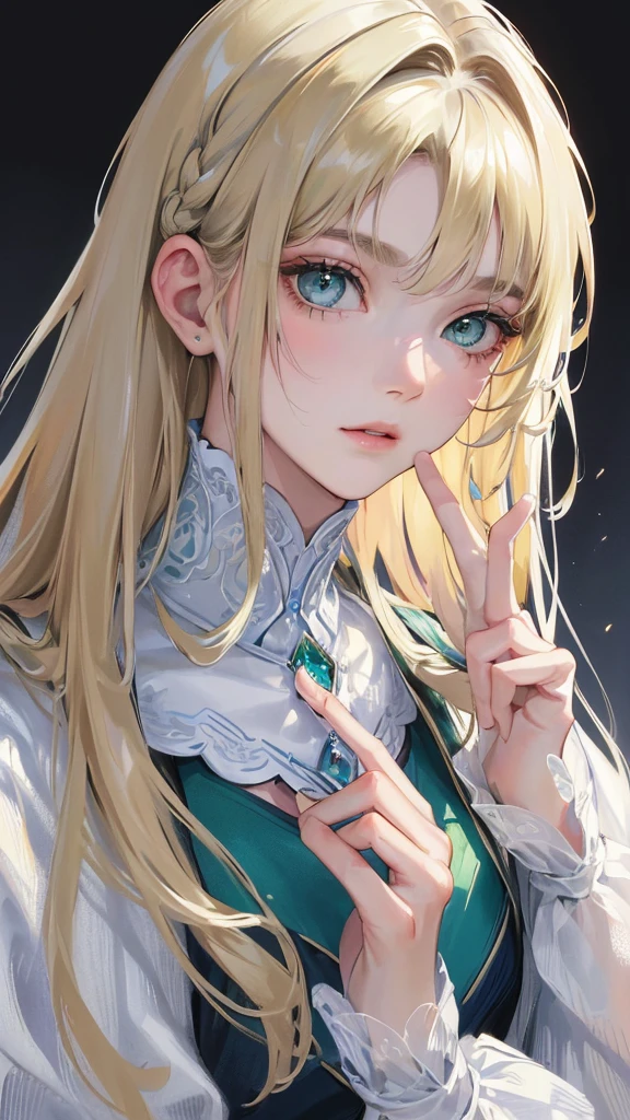 (Top resolution、Distinct_image)top-quality、femele、​masterpiece、highly detailed、Semi-realistic、green eyes、18year old、young、Exquisite facial features、Facial features、unique hairstyle, variations, potrait, white background,   dark blue hair , long straight hairstyles , light blonde hair ,cold expression