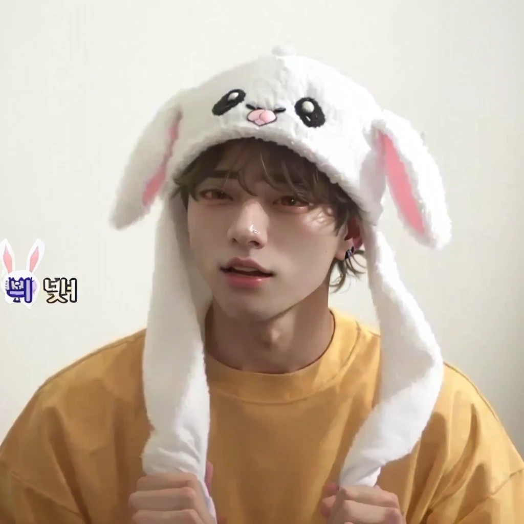 wired man wearing a bunny hat with ears and eyes, Jungkook, with long drooping rabbit ears, he is wearing a hat, with a strange hat, with bunny ears, accurate Jimin face, wearing a cute hat, is wearing a cute little hat, adorable and pale korean face, park Jimin, with big rabbit ears, Jimin, Taehyung eating Gucci fries