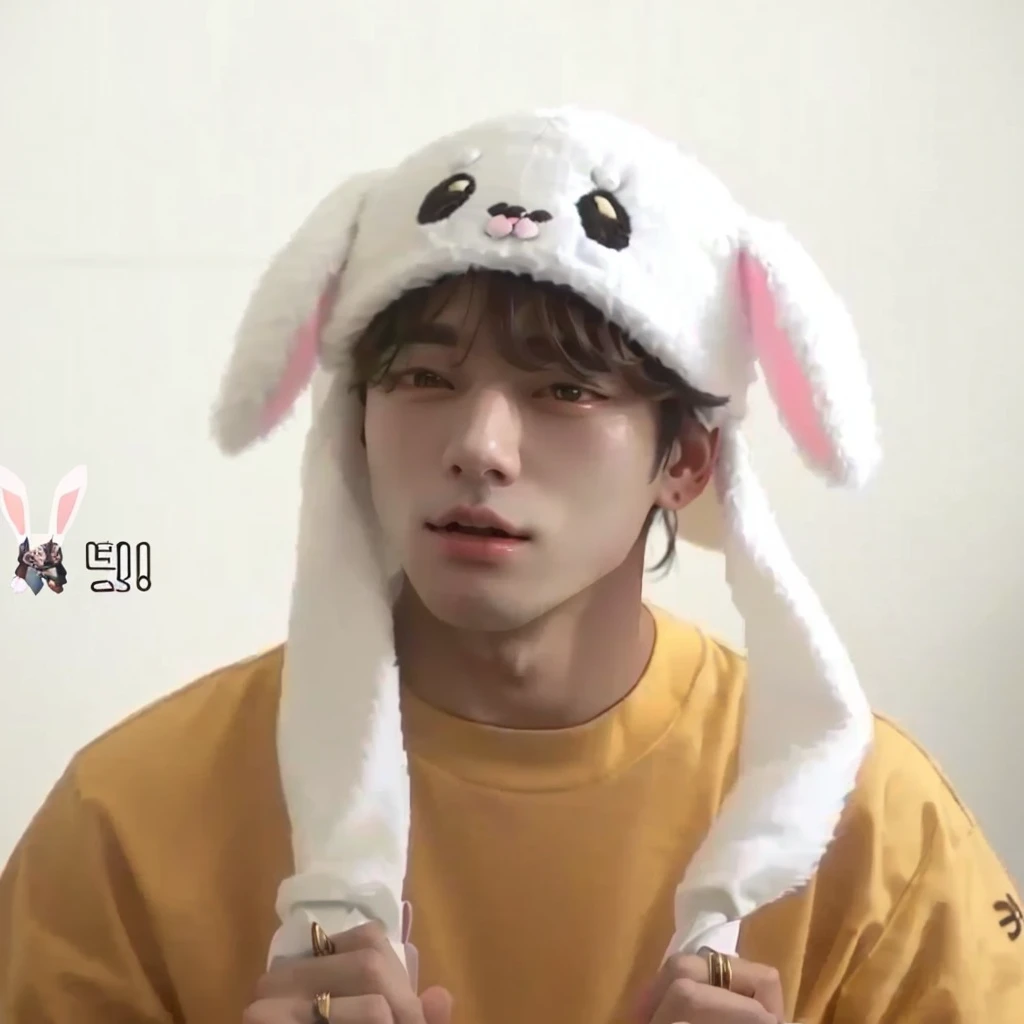 wired man wearing a bunny hat with ears and eyes, Jungkook, with long drooping rabbit ears, he is wearing a hat, with a strange hat, with bunny ears, accurate Jimin face, wearing a cute hat, is wearing a cute little hat, adorable and pale korean face, park Jimin, with big rabbit ears, Jimin, Taehyung eating Gucci fries
