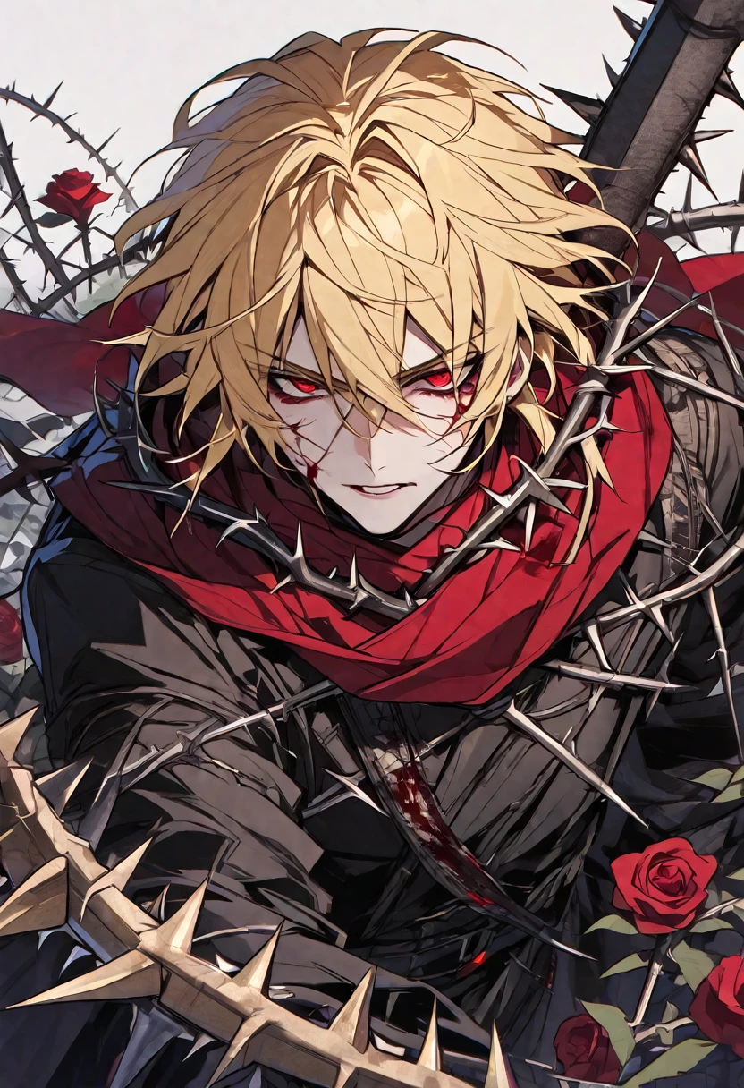 Solo, male, blonde hair, red eyes, black coat, red scarf, black roses, red roses, thorns, blood
