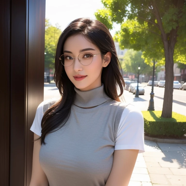 a beautiful young woman in a casual outfit, elegant eye glasses, detailed face, alluring eyes, full lips, large bust, turtle neck t-shirt, gray vest, outdoor date setting, soft lighting, warm colors, photorealistic, 8k, cinematic, beautiful detailed eyes, beautiful detailed lips, extremely detailed face and eyes, long eyelashes, intricate clothing textures, elegant posing, warm smile, romantic atmosphere