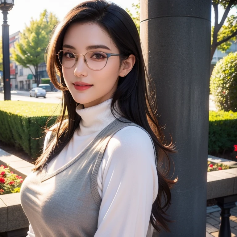 a beautiful young woman in a casual outfit, elegant eye glasses, detailed face, alluring eyes, full lips, large bust, turtle neck t-shirt, gray vest, outdoor date setting, soft lighting, warm colors, photorealistic, 8k, cinematic, beautiful detailed eyes, beautiful detailed lips, extremely detailed face and eyes, long eyelashes, intricate clothing textures, elegant posing, warm smile, romantic atmosphere