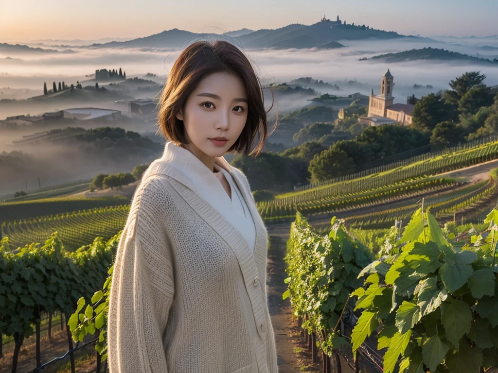 8k best picture quality, Beautiful 36-year-old Korean woman, short and nice weather. Chest size 34 inches, Dense fog at dawn in the Italian countryside, past the vineyard, The cathedral is visible in the fog in the distance., The back background is realistic and vivid image quality, Short and medium hair blowing in the wind, Wearing high-end luxury brand knits., a faint smile. the background is clear, Short and slim Korean woman, stand far away, Photo taken with a wide-angle lens, thick fog at dawn