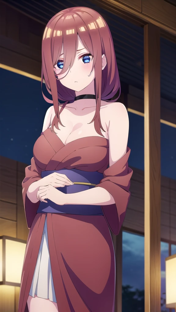 BREAK indoors,street,night,wet road,festival,fireforks, BREAK looking at viewer, BREAK (masterpiece:1.2), best quality, high resolution, unity 8k wallpaper, (illustration:0.8), (beautiful detailed eyes:1.6), extremely detailed face, perfect lighting, extremely detailed CG, (perfect hands, perfect anatomy),Miku Nakano, Miku Nakano Chick III, Long Hair, Bangs, Blue Eyes, Brown hair, Hair between the eyes,medium Breasts,japanese clothes,kimono,wet kimano, yukata,cleavege,neckline,black choker, naked shoulders, upper body shot,from below,bend over.