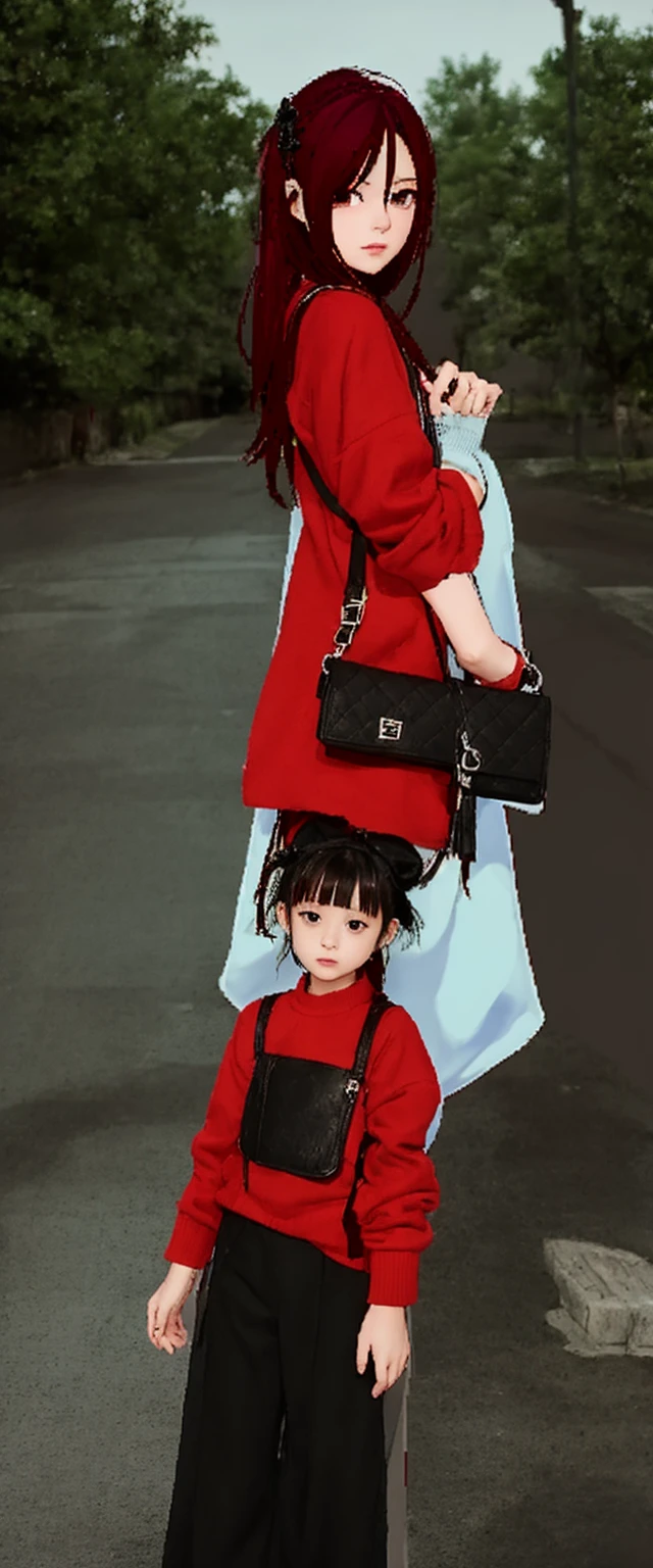 cool, standing, red and black clothes, looking at viewer, outdoors, night