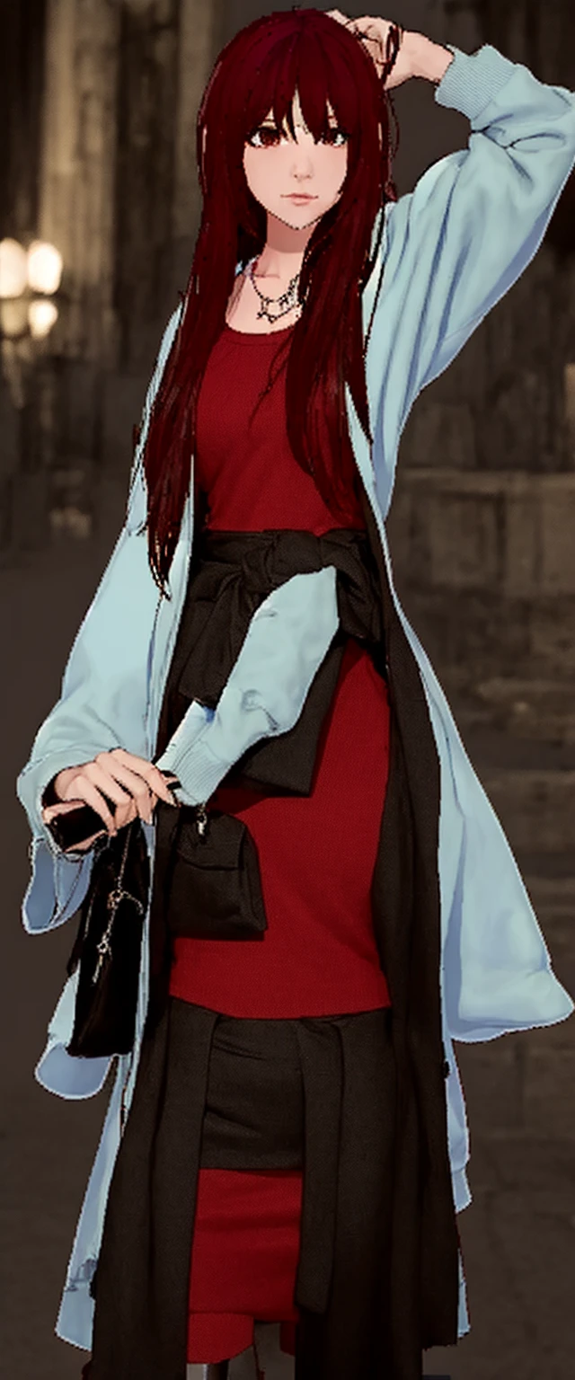 cool, standing, red and black clothes, looking at viewer, outdoors, night