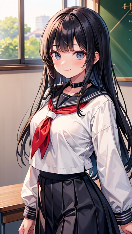 Adult features　Straight Long Hair　Trimmed bangs　Bangs　smile　Black Sailor Suit　Nagoya collar　Long skirt　Rural classroom　Student Council President　Gentle atmosphere