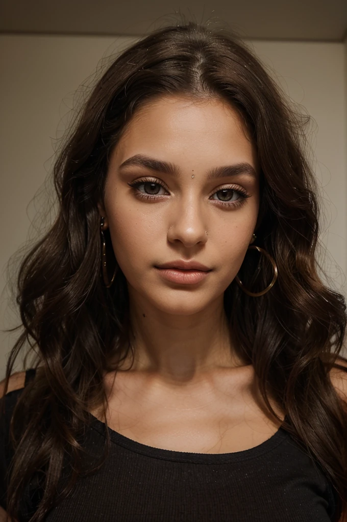 woman 22 years old, long brown little bit curly hair, brown eyes, perrfect face, prroffesional makeup like model, C and wearing black top, She is wearing earrings and has a piercing on one nostril