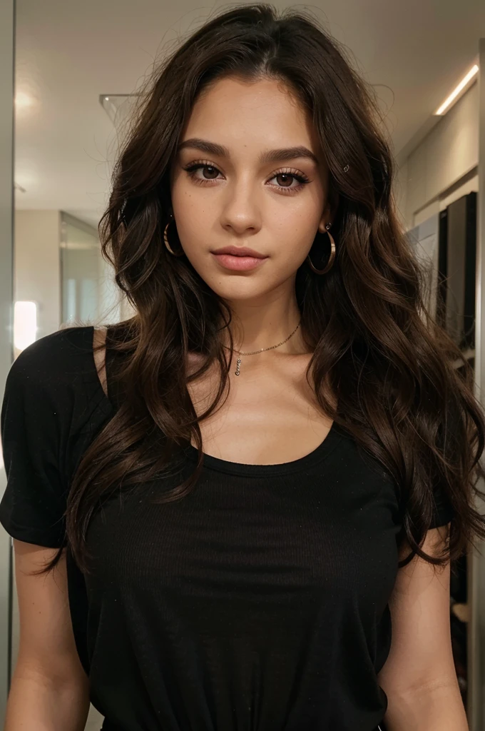 woman 22 years old, long brown little bit curly hair, brown eyes, perrfect face, prroffesional makeup like model, C and wearing black top, She is wearing earrings and has a piercing on one nostril