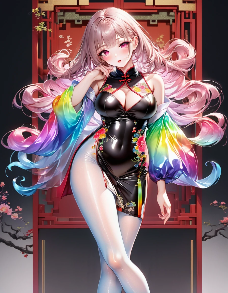 Young beautiful woman,(Highest quality,Extremely detailed depiction,Incredibly absurd high resolution,Anatomically accurate depiction,Two lovely hands, Five perfect fingers,Curvy Legs),(Glowing Skin,Shiny skin,Oilskin),(((A woman wearing a rainbow-colored cheongsam with gradient sleeves,Intricate and gorgeous embroidery,Shiny satin fabric,black tights,accessories,See-through))),eyelash,eye shadow,(Glowing pink eyes,There is cleavage in the chest,A seductive smile,Large Breasts,Glossy Lips,Shadowed face),whole body,Light blush,background:Chinese-style mansion,(From above:1.1)