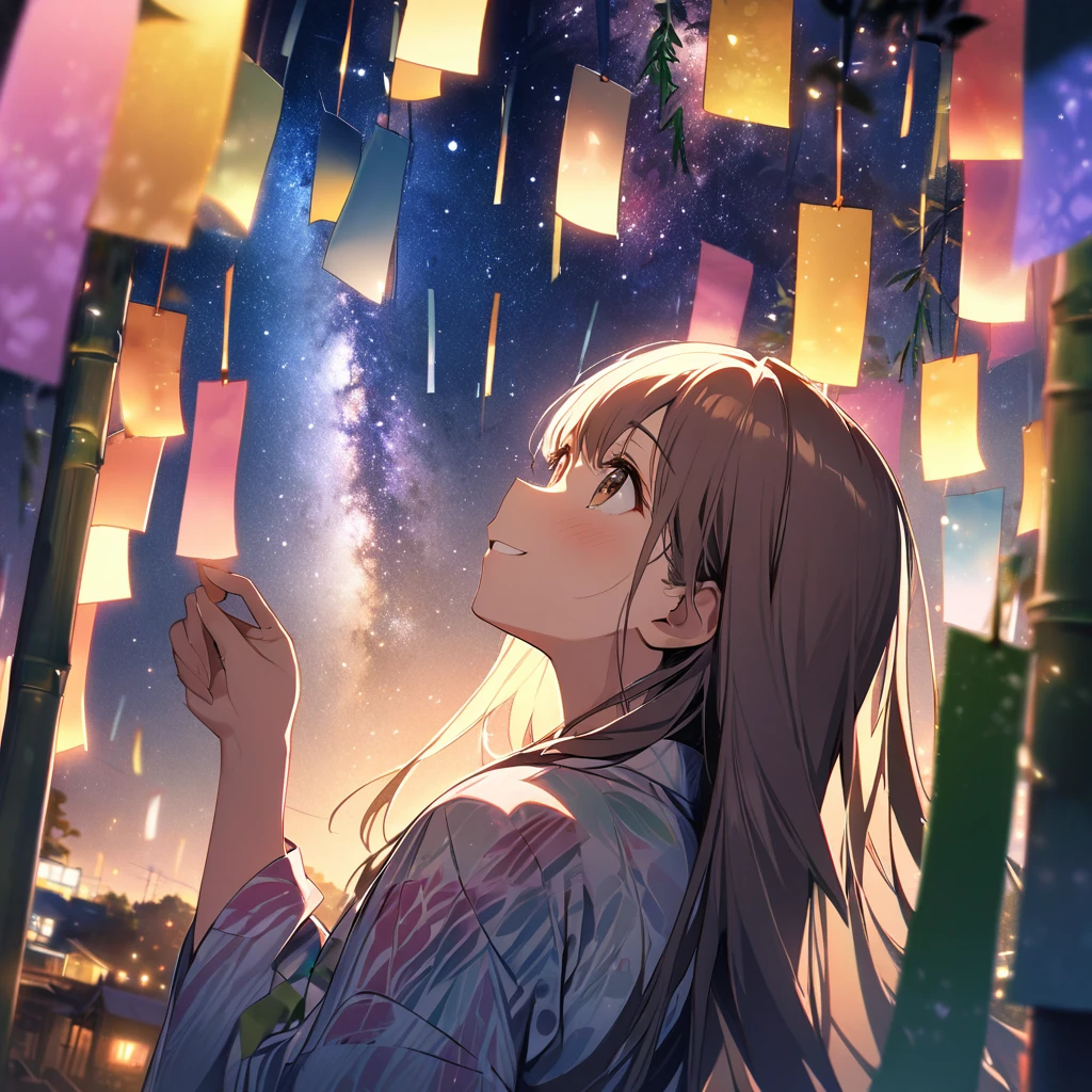 Highest quality, masterpiece, The girl who grants wishes,Brown, long hair,Brown eyes,Double exposure, The best smile, Looking up at the sky, yukata, milky way, Night view, Tanabata Festival, Large bamboo and colorful hanging ornaments,Golden light particle effect