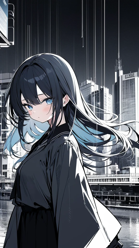 1girl,monochrome color, Blue Art, grayscales、​masterpiece、top-quality、Top image quality、straight haired、Hanging eyes、kawaii、A darK-haired、blue eyes、the wind、Buildings,Tokyo,
色の付いた街