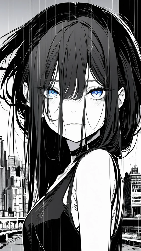 1girl,monochrome color, Blue Art, grayscales、masterpiece、top-quality、Top image quality、straight haired、Hanging eyes、kawaii、A darK-haired、blue eyes、the wind、Buildings,Tokyo,
色の付いた街