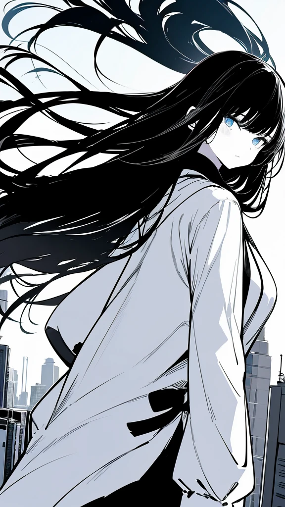 1girl,monochrome color, Blue Art, grayscales、​masterpiece、top-quality、Top image quality、straight haired、Hanging eyes、kawaii、A darK-haired、blue eyes、the wind、Buildings,Tokyo,
色の付いた街
