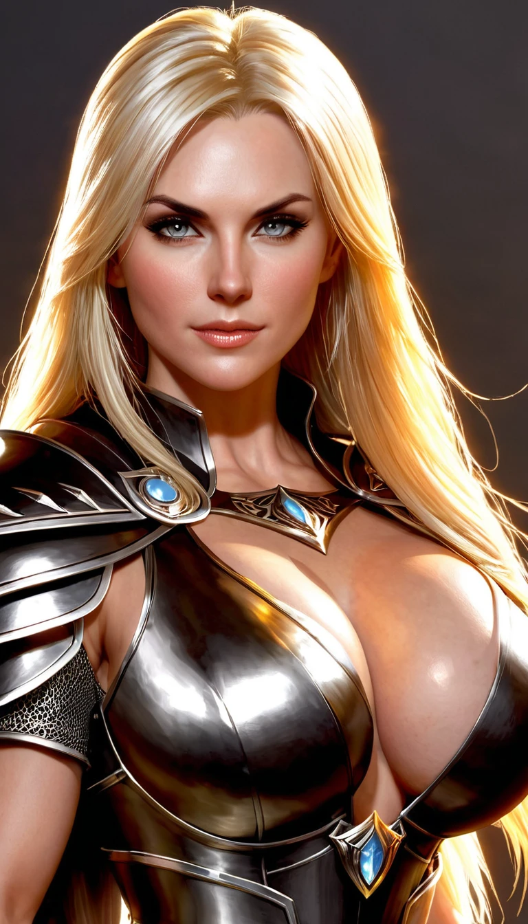(character portrait for the game Dungeons and dragons), (female 30 years old, spellblade, high charisma), (white skin:0.8, nordic facial features, heavy black makeup, light blue eyes, blond, long, straight hair), (dark fantasy), (heavy platemail armor, gray metallic, cleavage),([dim lights], shadows in the background, red, black, yellow)