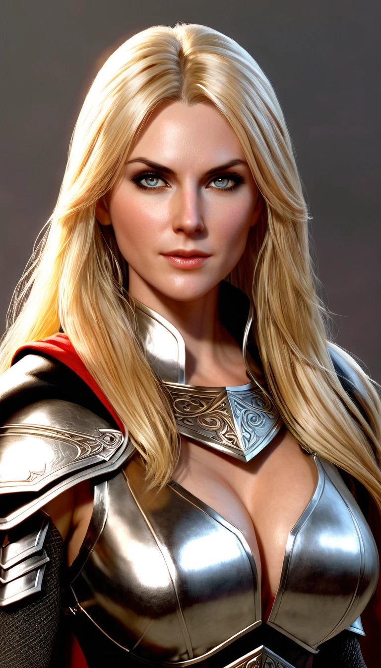 (character portrait for the game Dungeons and dragons), (female 30 years old, spellblade, high charisma), (white skin:0.8, nordic facial features, heavy black makeup, light blue eyes, blond, long, straight hair), (dark fantasy), (heavy platemail armor, gray metallic, cleavage),([dim lights], shadows in the background, red, black, yellow)