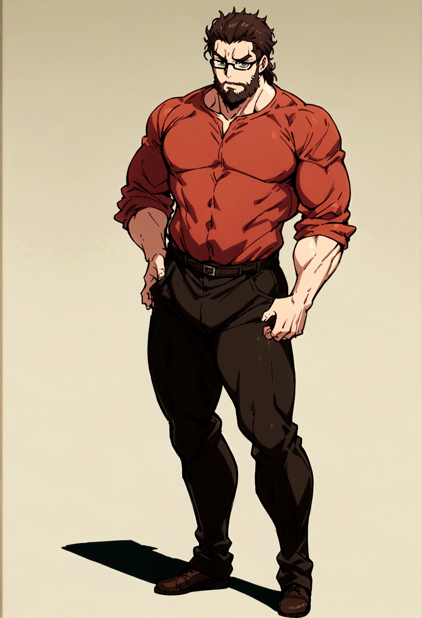 fullbody,masterpiece,standing,red shirt,dark brown short hair,green eyes,(bangs),adult,1boy,solo,light stuble,(beard),burly,glasses,