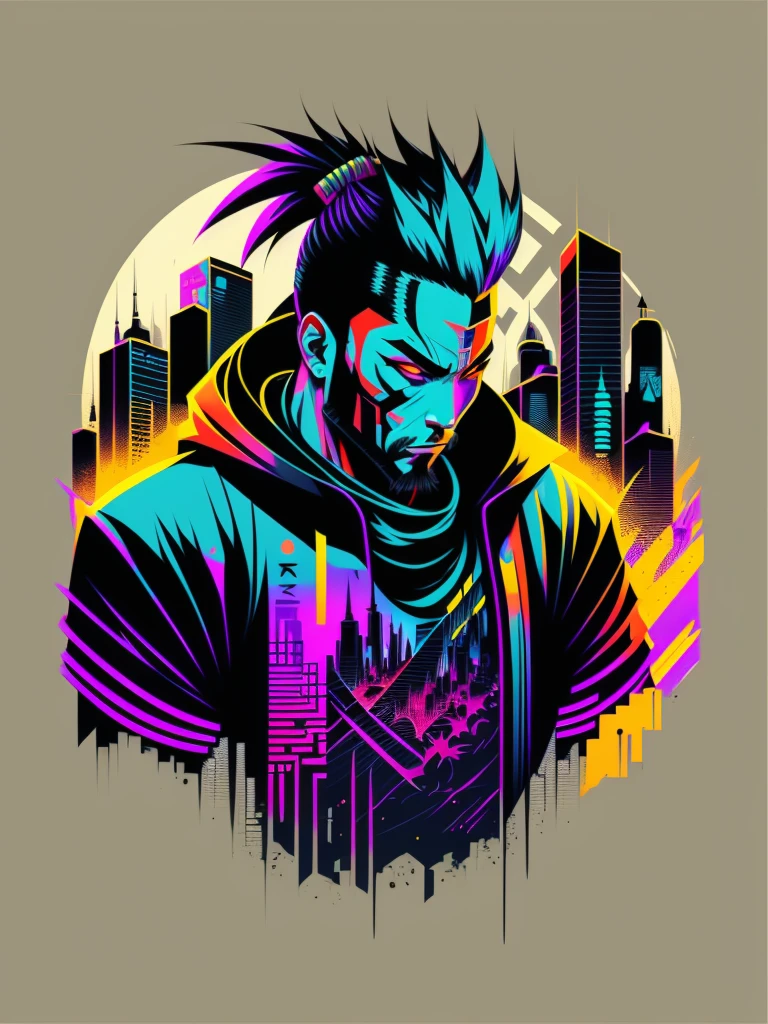 Ready to print t shirt art vector colorful graffiti illustration of a futuristic cyberpunk Samurai, futuristic cyberpunk city background, realistic image style, image on black background, centred