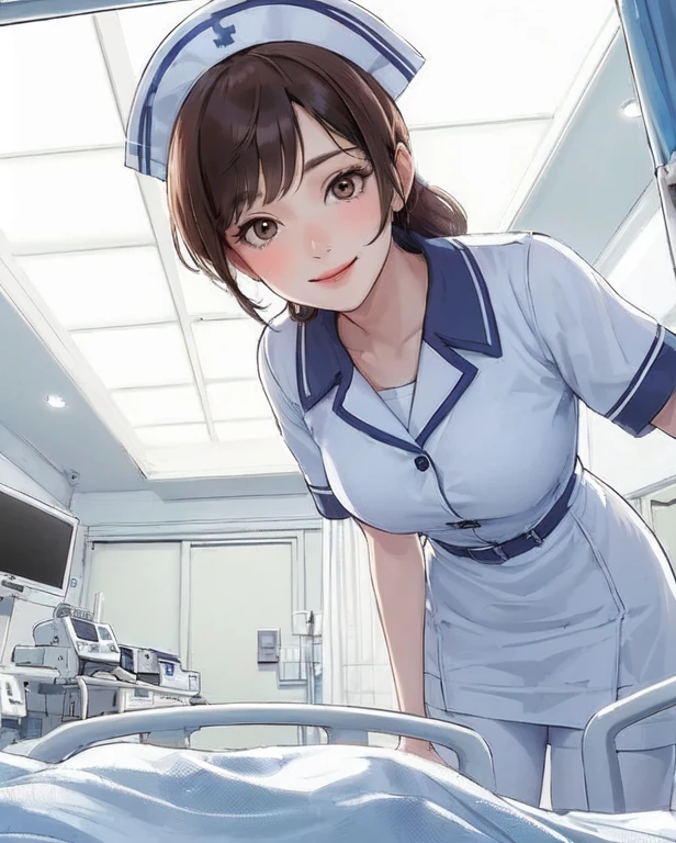 1 lady only, (look down), (From below), (Looking out from behind the partition curtain), Medical staff, (Nurse), Mature female, /(Dark brown hair/) Bangs, Friendly smile, (Masterpiece Best Quality:1.2) Exquisite illustrations with rich details, Big BreastsBREAK (Ward) indoors, (Bright white ceiling:1.2), (View from the bed:1.2), Detailed background