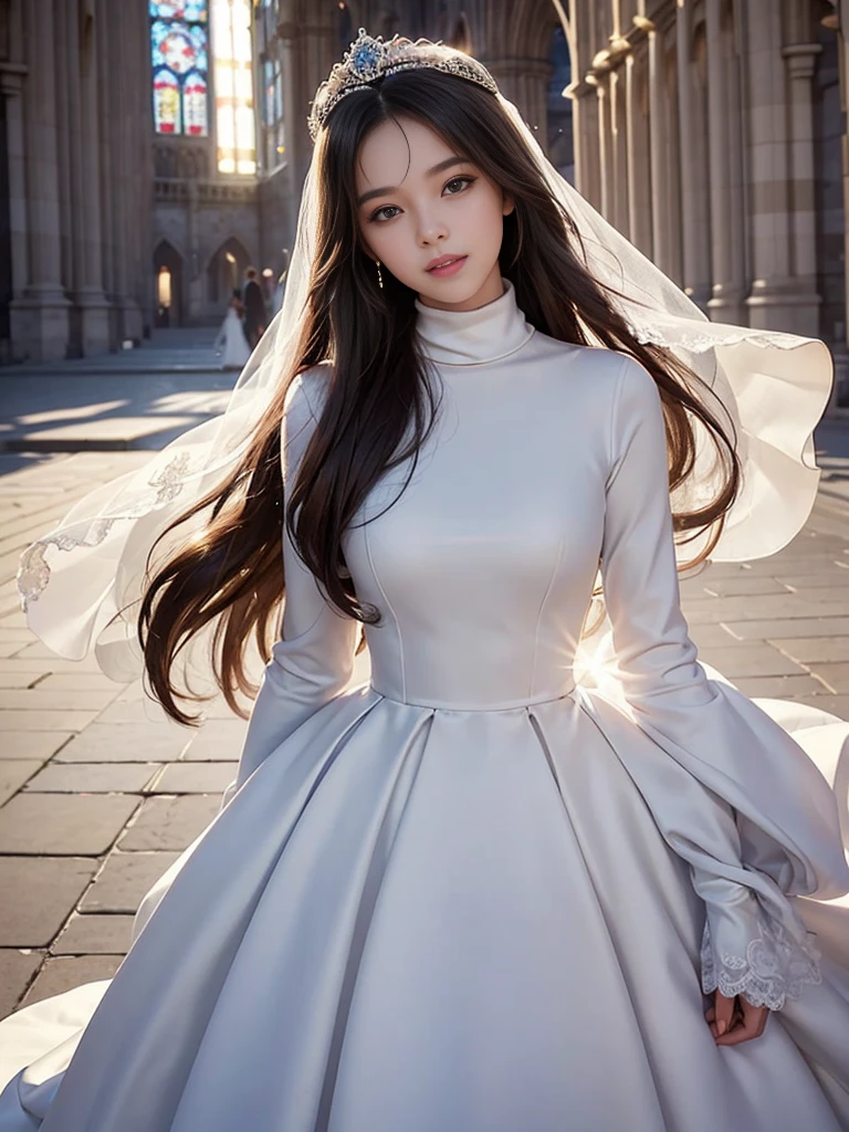 best quality, masterpiece, 1 girl, long hair, huge laugh, cute teen, shiny lips, sweet, sun glare, Conservative attire, turtleneck wedding dress, bridal tiara, depth of field, blurred background, Cathedral Background, light particles, strong wind, head tilt