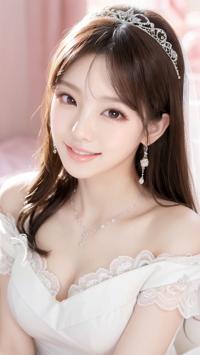 (Highest quality、Tabletop、8K、Best image quality、Award-winning works)、One beautiful bride、(alone:1.1)、(The most extravagant and gorgeous huge pure white wedding dress:1.1)、(Perfect Wedding Lace:1.2)、(The most gorgeous and luxurious giant tiara:1.1)、(The most extravagant and luxurious giant necklace:1.1)、あなたの最高の笑顔で私をplease look、The finest jewellery decoration、Perfect Makeup、Long eyelashes、Ultra HD Shining Eyes、Ultra HD Hair、Ultra-high resolution glossy lips、Ultra High Resolution Perfect Teeth、Super high resolution beautiful face、(Accurate anatomy:1.1)、Very bright and beautiful skin、very bright and vivid、Perfect beautiful bridal hairstyles、(Front facing body:1.1)、(Solid pink background:1.2)、Cleavage、nude、(The 肖像画 was taken from above the lying body: 1.3)、(( M-shaped legs spread, please look )))), (Show me your legs spread wide: 1.5), Real nipples, real open, (女性のマンコ汁がカメラにsquirtしている:1.2), Beautiful 20 year old Japanese girl, Stimulating the clitoris, masturbating and fingering, orgasm, Detailed facial features,(Front view), (squirt from pussy:1.2), (squirt:1.2), Remove the shoulder straps to expose your chest, (Showing realistic beautiful nipples:1.5)