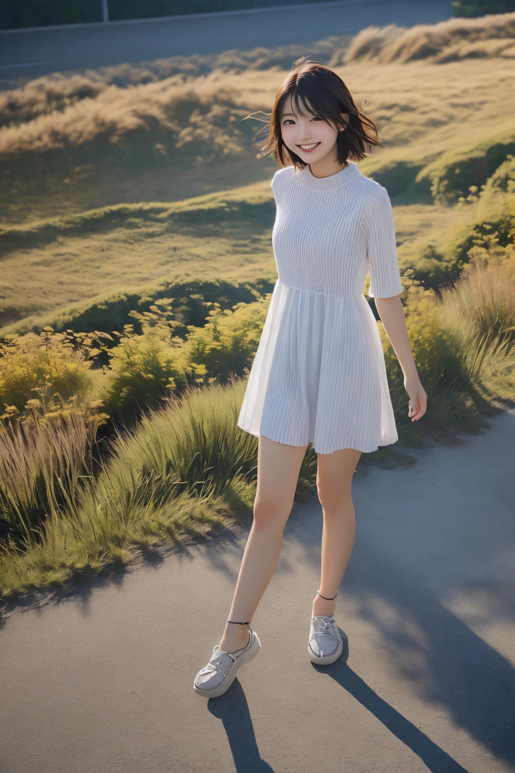 Highest quality, (beautiful)、university student、smile、、Semi-short hair、No sleeve、Big 、The wind is blowing、Shoot from above、Touching hair with hands