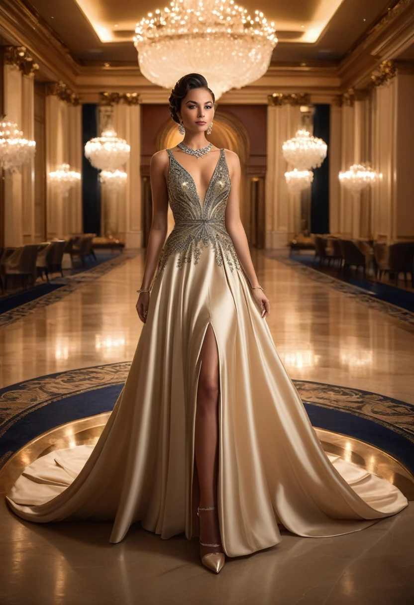 Full length"A young woman in a beautiful and elegant evening gown at a formal event. She is wearing a uniquely designed and stunning dress, complemented by luxurious jewelry and accessories. The background features a grand and lavish hall with warm, inviting lighting, showcasing a scene of splendor and beauty."