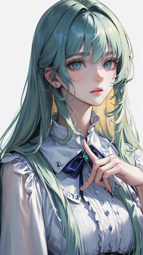 (Top resolution、Distinct_image)top-quality、femele、​masterpiece、highly detailed、Semi-realistic、green eyes、18year old、young、Exquisite facial features、Facial features、unique hairstyle, variations, potrait, white background,   dark blue hair , long straight hairstyles , light blonde hair ,cold expression