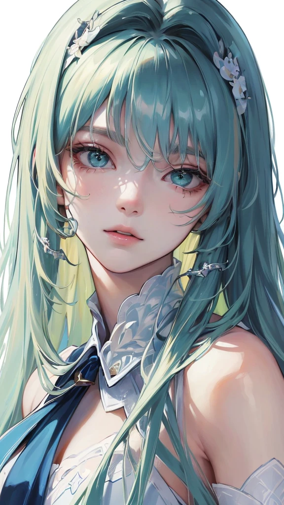 (Top resolution、Distinct_image)top-quality、femele、masterpiece、highly detailed、Semi-realistic、green eyes、18year old、young、Exquisite facial features、Facial features、unique hairstyle, variations, potrait, white background, dark blue hair , long straight hairstyles , light blonde hair ,cold expression