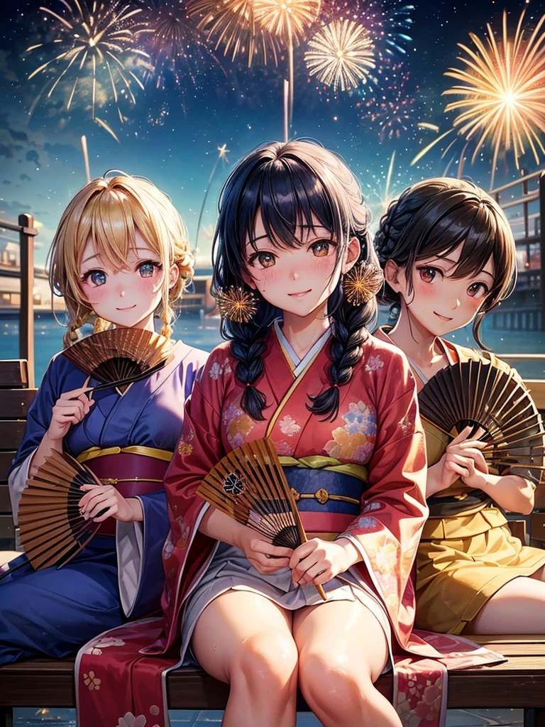 (highest quality)), ((masterpiece)), (family friendly), Perfect Face,Shiny skin,Beautiful breasts,Shiny skin、Kyoto Animation style painting、Hair、Golden Eyes、Sunburned skin、night、Braided Hair、(((firework)))、(((night)))、Sit on a bench、(Sweat)、
、kimono、(((Holding a fan)))、smile、Looking up at the sky