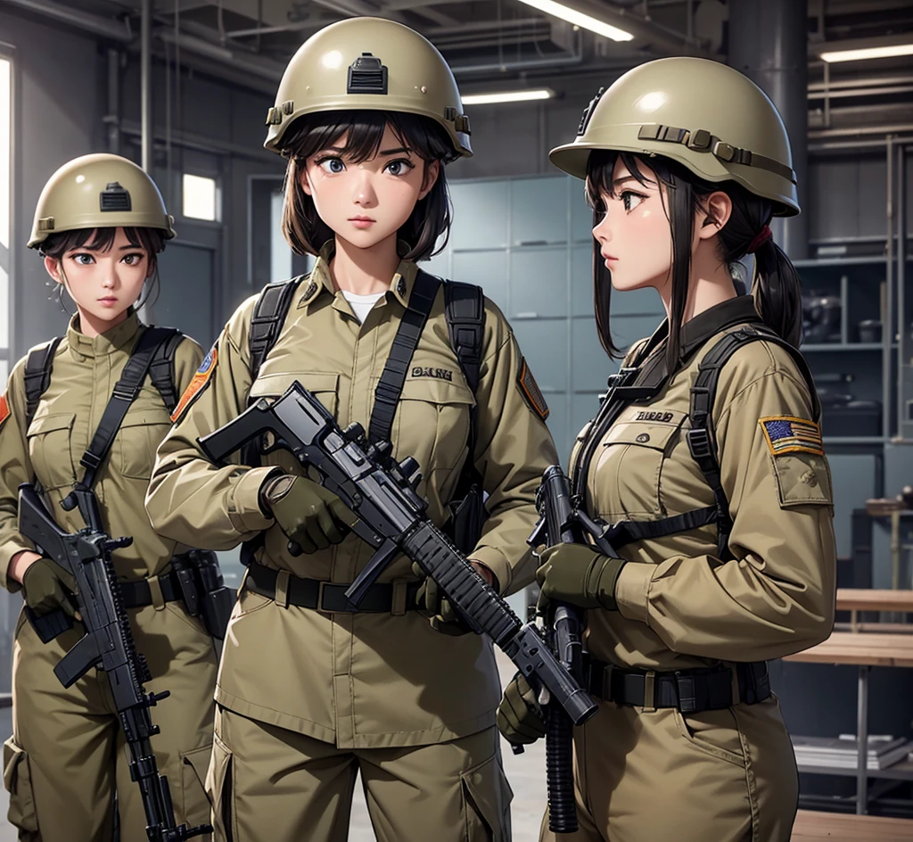 A group of female special forces soldiers in beige military uniforms、Wear a steel helmet、Military Pants、Alert with guns、Indoor Factory、Write details、masterpiece、best quality、Highly detailed CG、8K picture quality