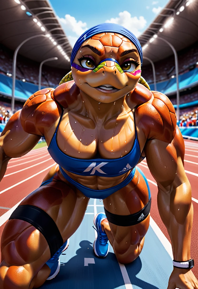 a close up shot on a ((anthmorph turtle: 1.5)) sprinter in a running lane getting ready to sprint in the Olympics, tense look, getting ready to sprint, (best detailed face: 1.3), lean muscled body, sweat beads on forehead, (wearing athletic shirt, pants and sneakers: 1.2), (anatomically correct: 1.4), (full body shot: 1.1) , vibrant, Ultra-high resolution, High Contrast, (masterpiece:1.5), highest quality, Best aesthetics), best details, best quality, highres, ultra wide angle, 16k, [ultra detailed], masterpiece, best quality, (extremely detailed), Cinematic Hollywood Film, Anthro... woman