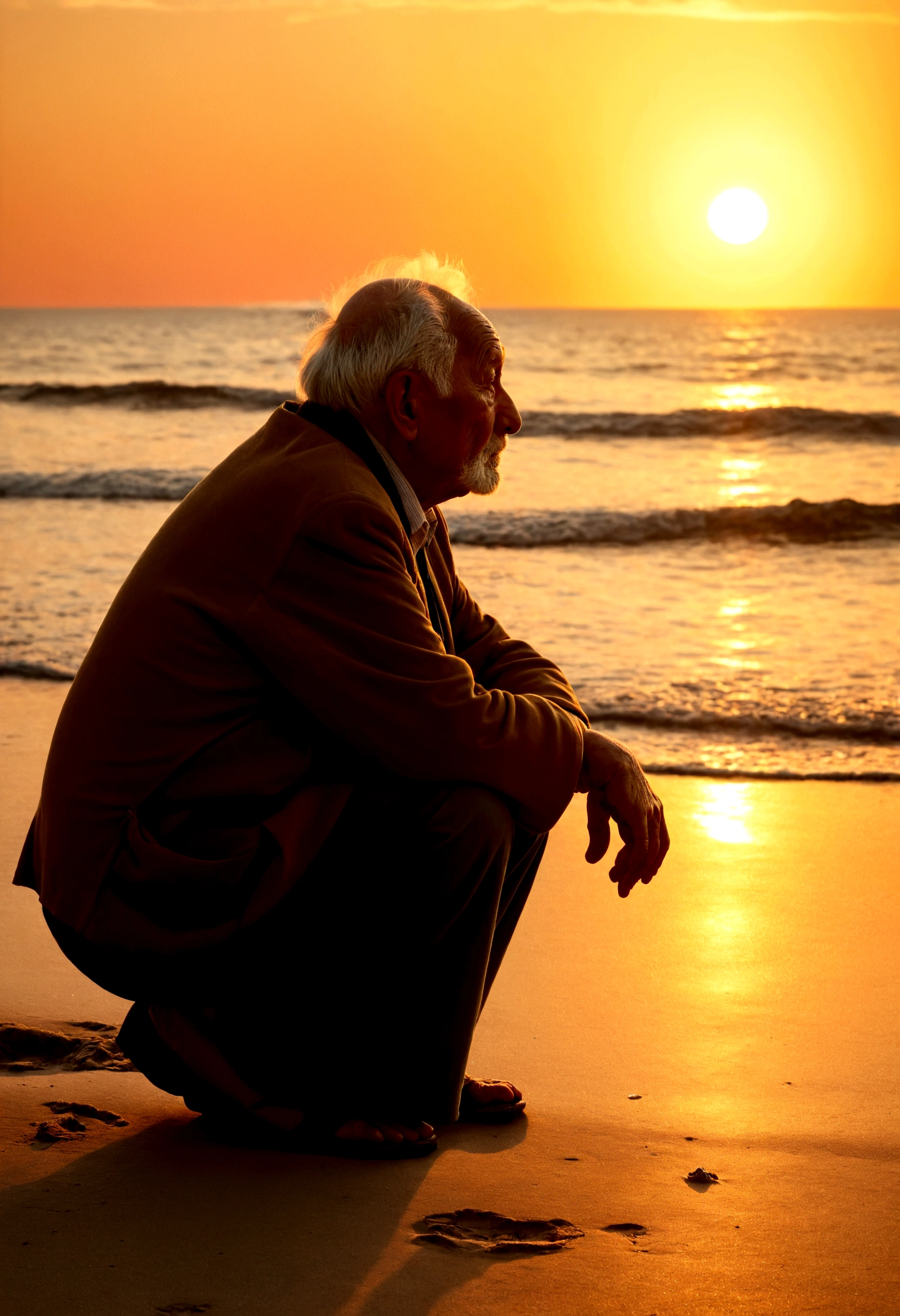 Old man on the seashore. Watching the sunset.