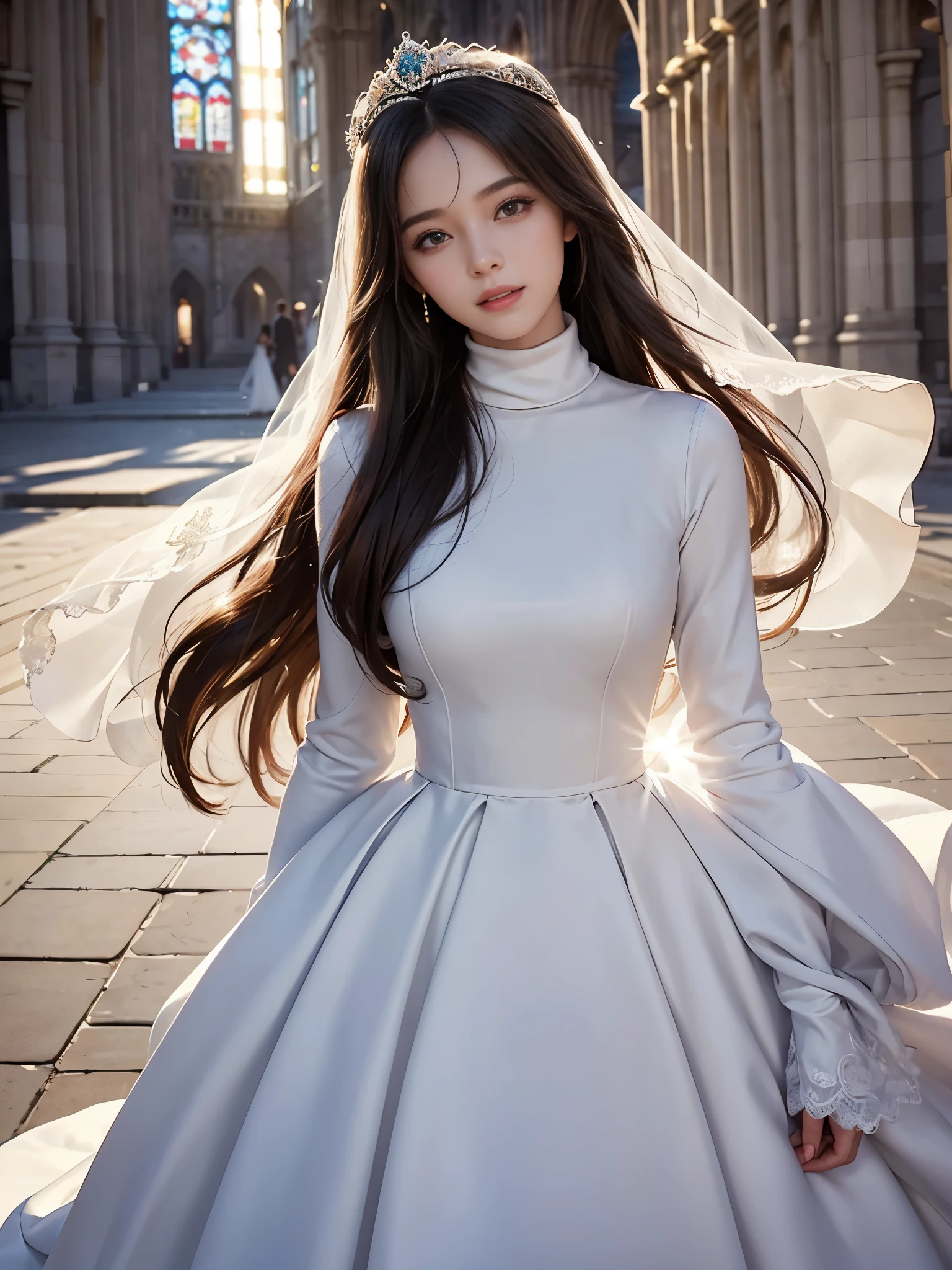 best quality, masterpiece, 1 girl, long hair, huge laugh, cute teen, shiny lips, sweet, sun glare, Conservative attire, turtleneck wedding dress, bridal tiara, depth of field, blurred background, Cathedral Background, light particles, strong wind, head tilt