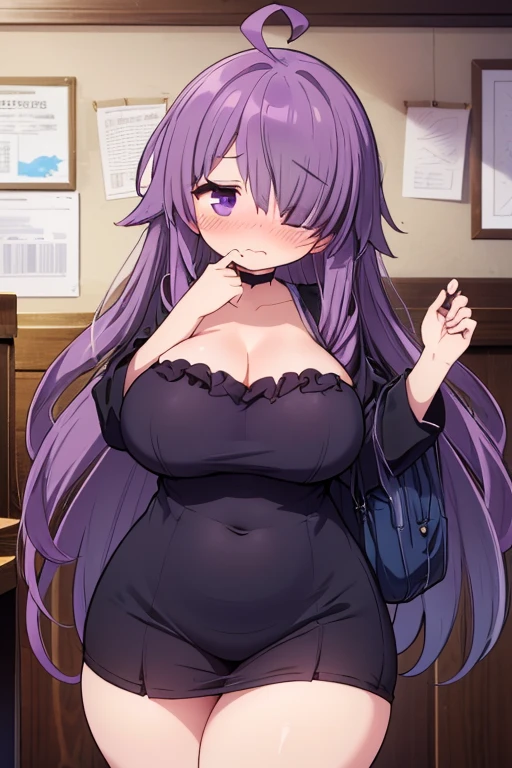 Cute naughty Artificer mother, Pastel colors hair, (overwhelmingly huge breasts:1.2, Thighs:1.2, thick legs:1.2, curvy:1.2, towering stature:1.6, massive fat thick unnatural belly, Plump), purple eyes, (ahoge, messy hair:1.2, tired hair:1.2, flipped hair, very long hair, bags under eyes:1.3), black hair, (purple hair:1.1), (blush:1.2, emberrased:1.2, quiet personality:1.2, scared:1.2, looking away, wavy mouth, shy), (naked), at the adventurer's guild, A bulletin board with posted paper, hand over face