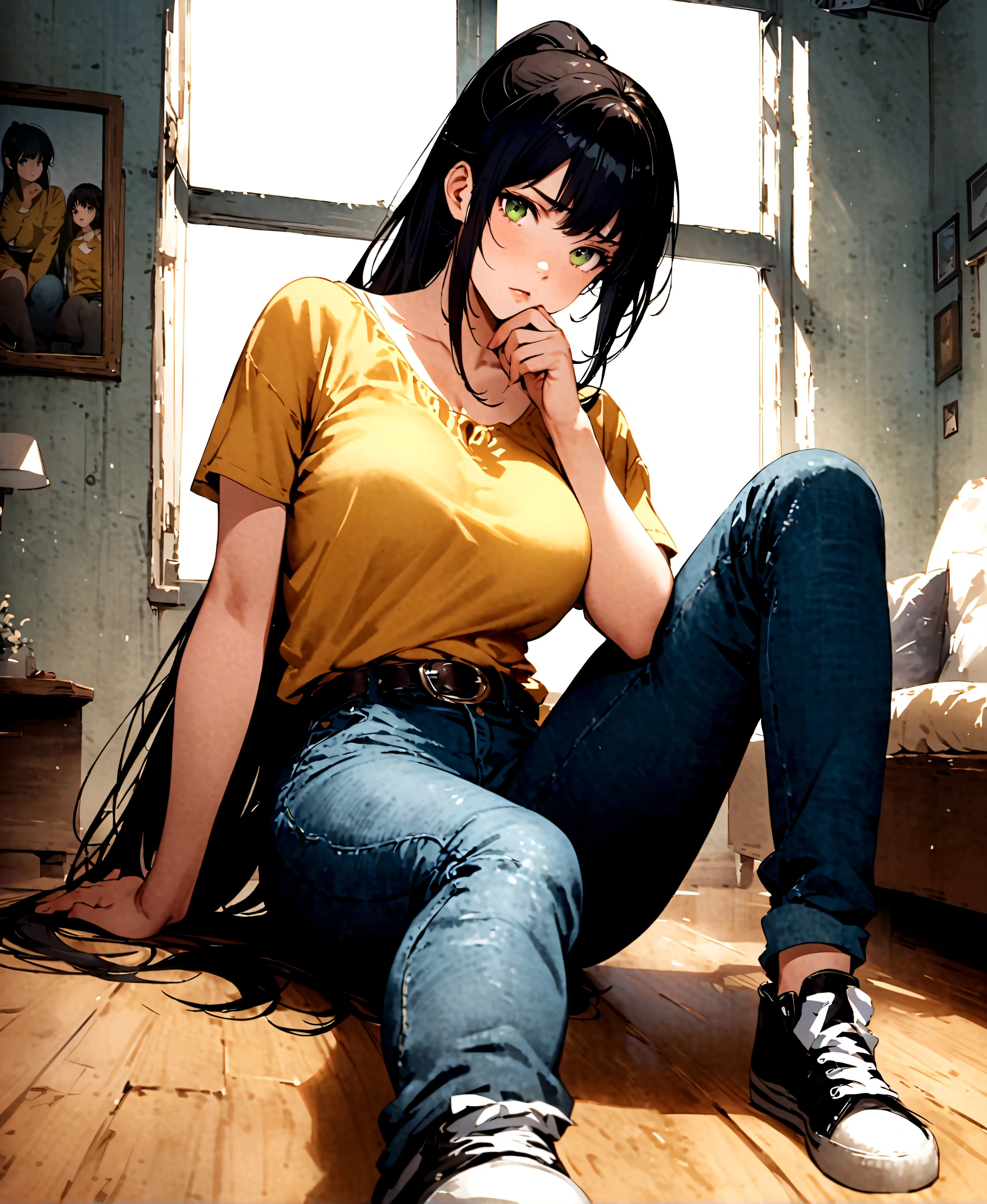 masterpiece、8k high quality detailed、High resolution、anime、、An illustration \(Artbook\),photograph \(woman\),kzSeraphim,One girl,Very long hair,Black Hair,ponytail,Green Eyes,Large Breasts,Yellow camisole,Yellow Shirt,abdomen,belt,jeans,sneakers,Detailed face,(grateful: He nodded, raising his eyebrows slightly.、gratefulまたは承認を示す),((Sit with one hand on your chin、Lost in Thought)),Apartment,Wooden floor,window,(、Realistic clothing texture、Realistic skin texture)、solo、