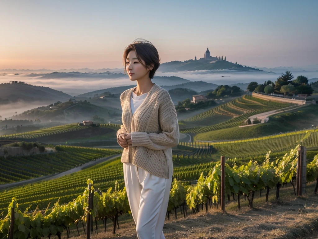 8k best picture quality, Beautiful 36-year-old Korean woman, short and nice weather. Chest size 34 inches, Dense fog at dawn in the Italian countryside, past the vineyard, The cathedral is visible in the fog in the distance., The back background is realistic and vivid image quality, Short and medium hair blowing in the wind, Wearing high-end luxury knitwear. casual pants, a faint smile. the background is clear, Short and slim Korean woman, stand far away, Photo taken with a wide-angle lens, thick fog at dawn