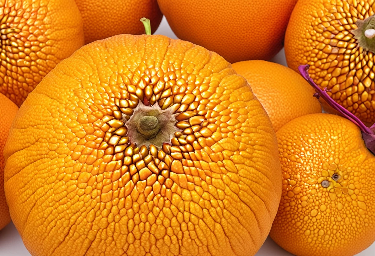 Generate a highly detailed and realistic photo of a unique, never-before-seen fruit that is a hybrid between a mangosteen and an orange. The fruit should have the round shape and deep purple rind of a mangosteen, but with the texture and vibrant orange color of an orange's skin. The rind should be slightly bumpy and segmented like an orange. When cut open, the fruit reveals juicy, orange-colored segments arranged similarly to an orange, but with the soft, fleshy texture of mangosteen segments. The interior should have a few seeds scattered among the segments. The fruit is placed on a simple, clean background with natural lighting that highlights its unique features. This photo should be highly detailed and visually captivating, showcasing the imaginative blend of these two fruits.