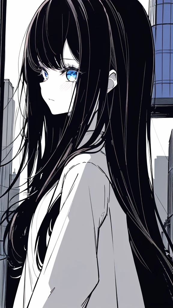 1girl,monochrome color, Blue Art, grayscales、masterpiece、top-quality、Top image quality、straight haired、Hanging eyes、kawaii、A darK-haired、blue eyes、the wind、Buildings,Tokyo,