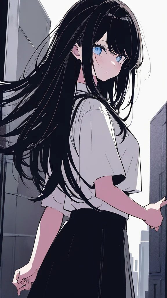 1girl,monochrome color, Blue Art, grayscales、masterpiece、top-quality、Top image quality、straight haired、Hanging eyes、kawaii、A darK-haired、blue eyes、the wind、Buildings,Tokyo,